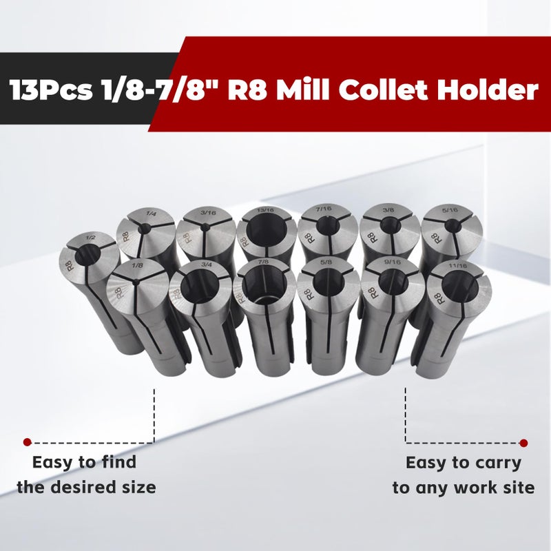 findmall 13Pcs Collet Set 1/8-7/8" R8 Mill Collet Holder Fit for CNC Engraving Machine - Image 4